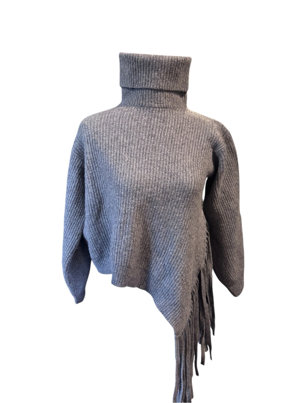 Stella McCartney 95% Cashmere Fringe Asymmetrical Turtleneck Sweater Gray IT 38